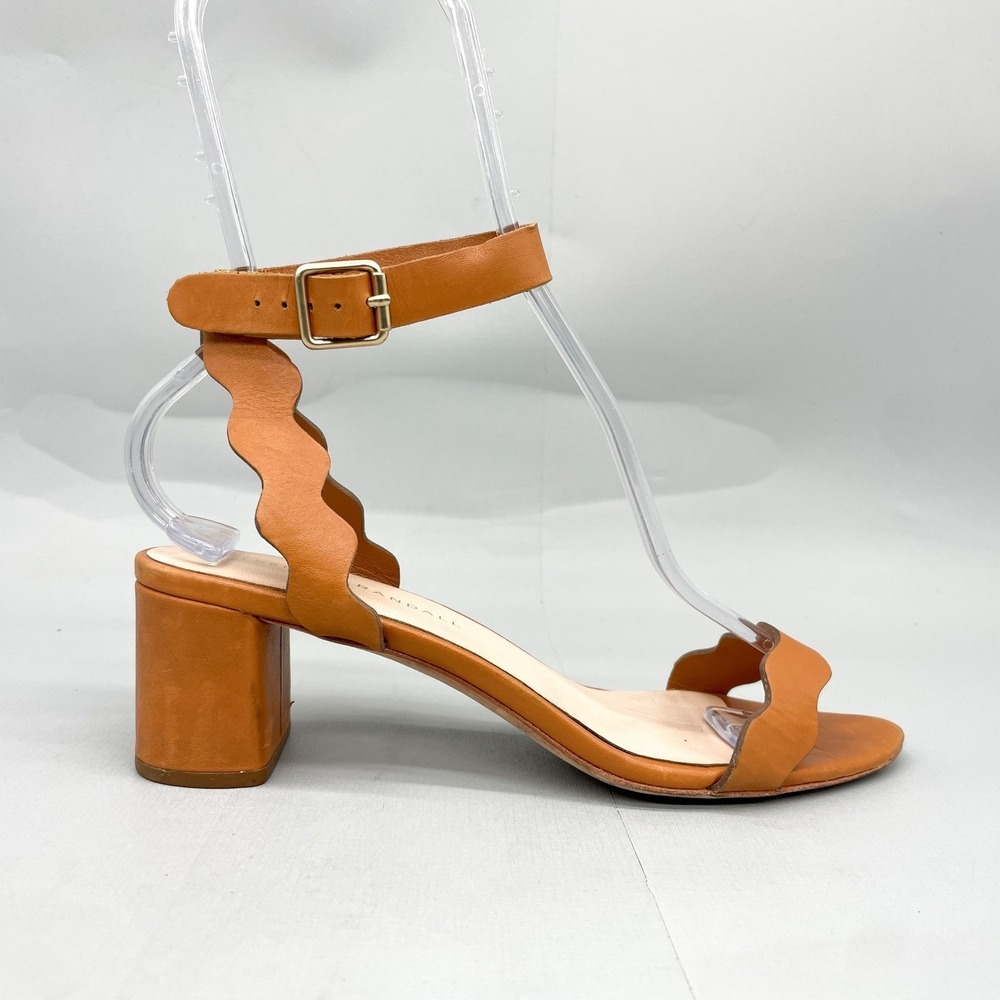 Loeffler Randall Emi Tan Leather Scalloped Block Heel Ankle Strap Sandals 7.5 B
